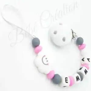 Attache tétine personnalisée silicone Nuage rose et grise foncé