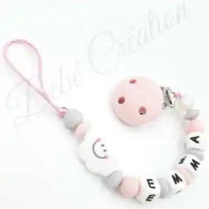 Attache tétine personnalisée silicone Nuage rose et grise pastel