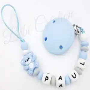 Attache tétine silicone ourson bleu